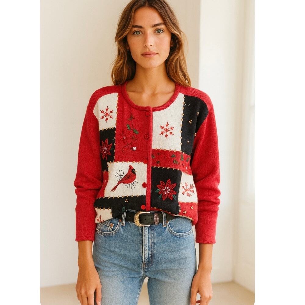 Vintage Cardinal Ugly Christmas Sweater Large Coquette Cottage Core Soft Girl